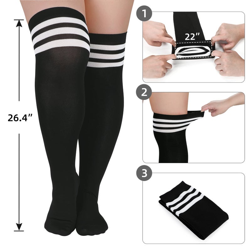 Zando Womens Plus Size Thigh High Socks Over the Knee Stockings Leg Warmers Striped Long Tube Tights Cosplay Stockings 1 Pack Black White US Size 8-12 - Image 2